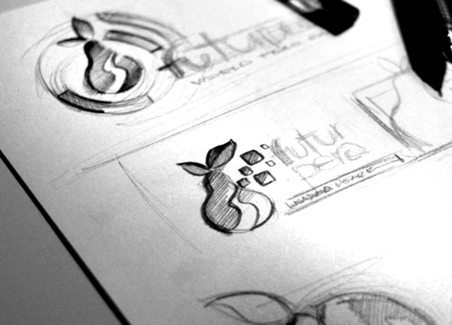 progettazione creazione logo schizzi a matita per futurpera fiera internazionale della pera